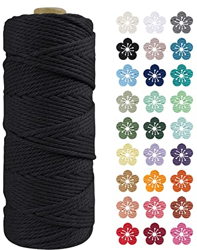 LEREATI Makramee Garn 2mm x 100m Schwarz Baumwollkordel Natur Baumwollseil Farbig Baumwollgarn, Macrame Cord 2mm für DIY Geflochten, Makramee Deko, Hängepflanze, Wandbehang, Vorhang