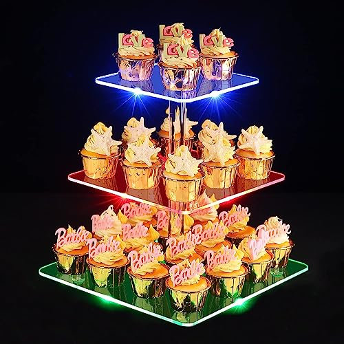 3 Piani Cupcake Stand, Ulifeme LED Ricaricabile Alzata, Supporto per Esposizione di Dolci Trasparente Quadrato, Torre di Cupcakes per Natale, Matrimoni, Anniversari, Feste Prenatalizie e Compleanni