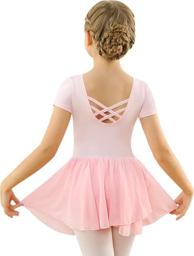 Mulnall Ballettkleid Mädchen Ballett Kleid Kurzarm Langarm Criss Cross Baumwolle Balletttrikot Gymnastik Kinder Tanzbody mit Rock Tütü Kostüm Tanzbekleidung 2-12 Jahre(2140-08B-L)