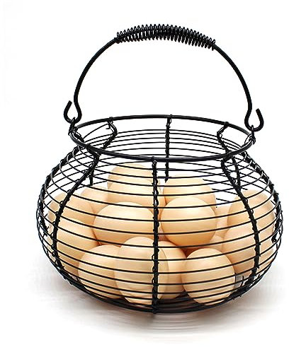 CVHOMEDECO. Elegante cesta de alambre para huevos con asa de natación Primitives Vintage Gathering Basket. Negro