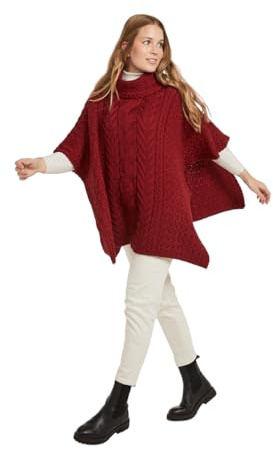 Aran Woollen Mills Poncho en laine mérinos super douce - Tricot torsadé irlandais - Pour femme - Col bénitier - Rouge Rua - Taille unique, Ssmer.rua Rouge, taille unique