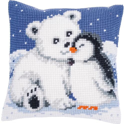 Vervaco Kreuzstich Stickpackungen Kissen Stickerei Set Anfänger Vorgedruckt Eisbär und Pinguin DIY Set Kreativ Set Für Erwachseneca. 40 x 40 cm Bastelset Handwerker Haus Dekoration