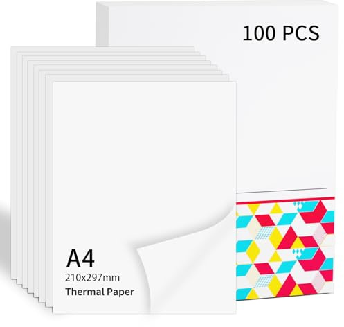 Thermal Paper A4-8.27×11.69 (210x297mm) Compatible with Phomemo, TATTMUSE & A285M/A28U/M08F/M832/M834/M832D Printers and Other Portable Printer A4, Thermal Paper File Keep for 10 Years, 100 Sheets