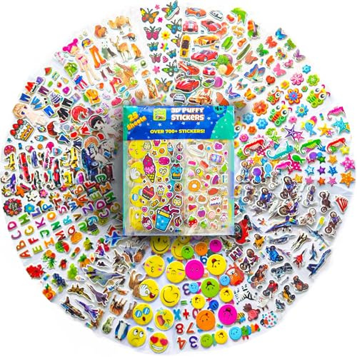 3D Stickers for Children - 25 Puffy Sheets with 700+ Kids Stickers - Perfect for Party Bag Fillers, Scrapbooking, Fun with Stickers of Cars, Letters, Numbers, Dinosaur, Stars, Alphabet & More