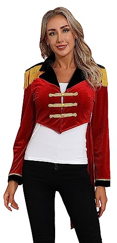 YiZYiF Femme Déguisement Présentatrice De Cirque Ringmaster Veste Blazer Monsieur Loyal Queue de Pie Manches Longues Blouse Manteau Soirée Fête Costume Halloween S-3XL Rouge D S