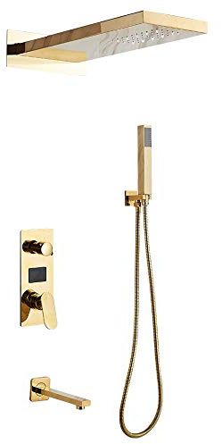 Dolt duschblandarset, regndusch med handdusch och LED digital display, termostat duschsystem mässing duschset justerbar dusch komplett duschset för badrum guld