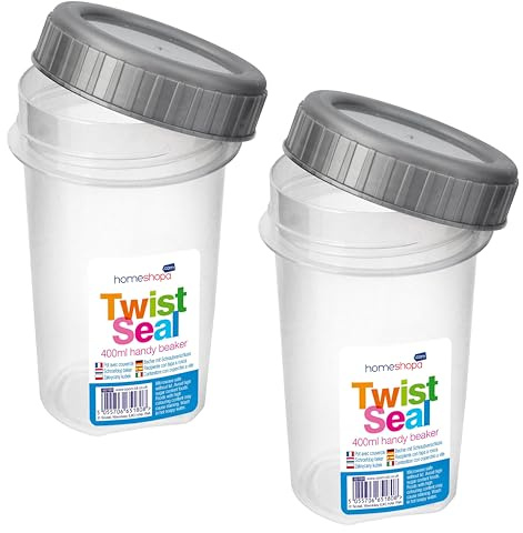 HOMESHOPA Clear Plastic Screw Top Beaker Cups, 2 Pack Airtight Liquid Storage Reusable Leakproof Containers with Twist Lock Lid, 400ml, Freezer Microwave Dishwasher Safe