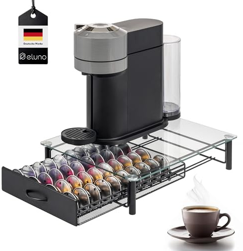 eluno Kapselhållare för 40 x Nespresso Vertuo, lådlåda, glasmaskinstativ metall och glasplatta, kaffekapselbox, kapseldispenser ca 33,5 x 9 x 41 cm (B/H/D) (genomskinlig)