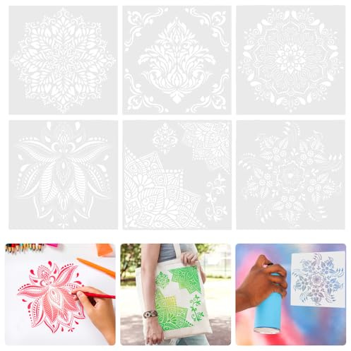 VCRANONR 6 Stück Mandala Schablonen, Wiederverwendbares Malschablonen, DIY Wandschablone, 30,5 x 30,5 cm Zeichenschablonen, Blumenschablone, Stencil Schablonen Blumen Muster Vorlage für Wand/Boden