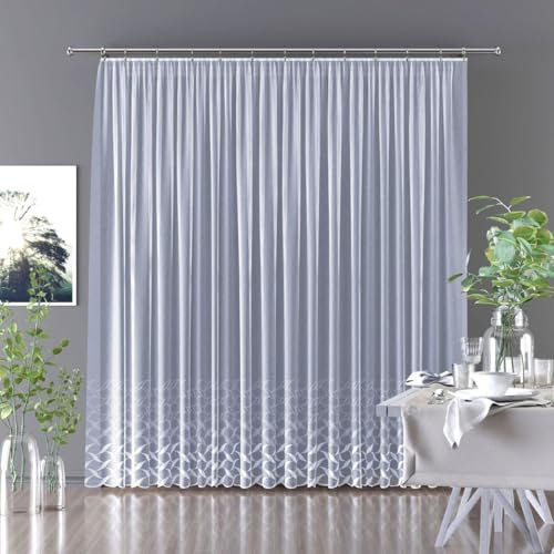 Gardinen Vorhangen Weiß 500x180 cm (BxH) Alamos Kurz Vorhänge mit Kräuselband Jacquard Küchengardinen Scheibengardine Wohnzimmer Gardinenschals Kurzstores