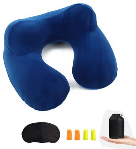 Inflatable Travel Pillow for Airplane Inflatable Neck Pillow for Traveling, Compact Ergonomic Neck Pillow Kits with Ear Plug and Eye Mask, Sleeping Rest Cushion for Airplane, Car, and Train (Blue)