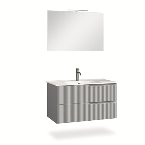 AQA DESIGN mobile bagno composizione 4 pezzi, mobile bagno con lavabo, base sospesa con frontali in MDF cannettato, set mobili bagno nr2 cassetti - Grigio - 101x46,5x190 cm