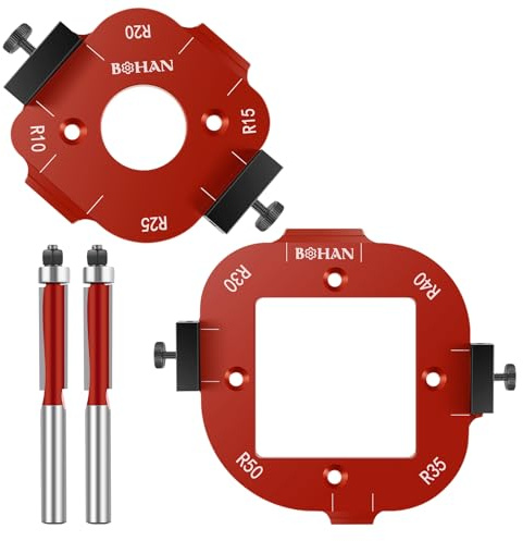 2 Pcs 4-in-1 Eckradius-Frässchablonen mit 2 Trimmmesser R10-R50 Radius Jig Router Templates Alu Radius Jig Router Schablonen Corner Radius Routing Templates Frässchablonen für Tische Stühle