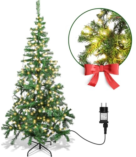 Aigostar 150 CM Árbol de Navidad Artificial,con Cadena de Luces LED de 13 M, 200 LED Blanco cálido, 8 Modos de Iluminación,280 Ramas,Color Verde,Incluye Soporte de Meta