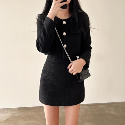 Raffinato, elegante abito da donna in due pezzi, con giacca corta in tweed perlato e minigonna (M nero)