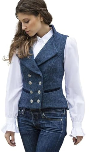 CAMDOM Gilet da donna in stile anni 50, in tweed, slim fit, con scollo a V, doppio petto, con tasche, senza maniche, blazer e giacche, Marina Militare, XL