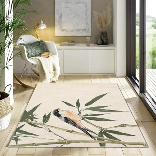 Teppich Tuschemalerei Schwalben auf Bambus Teppich WohnzimmerModerner Kurzflor Schlafzimmer Waschbar rutschfest Design 140 x 200 cm für Esszimmer Büro Bereich Dekor Schwarz Beige