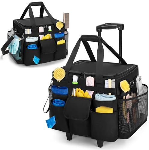 LoDrid Rolling Cleaning Caddy with Lid and Detachable Trolley, Black | Cleaning Supplies Organized Cart on Wheels, Handle and Shoulder Strap for Housekeepers