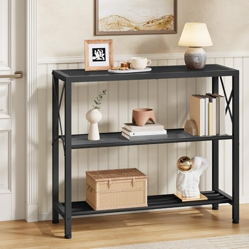 Hoctieon Console Meuble, Console Entree 3 Étagères, Cadre en Métal Meuble Entree, Table d'Appoint Structure en X, Petite Table pour Couloir, Entrée, Salon, Foyer, Style Industriel, Noir