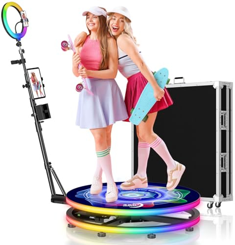 360 Photo Booth,KI-Sprachsteuerung, RGB-Ringlicht und Lichtstreifen, APP-Fernbedienung, Verstellbarer Selfie-Stick – Unterstützt iPad, Smartphones, DSLR-Kameras – Flightcase (80CM)