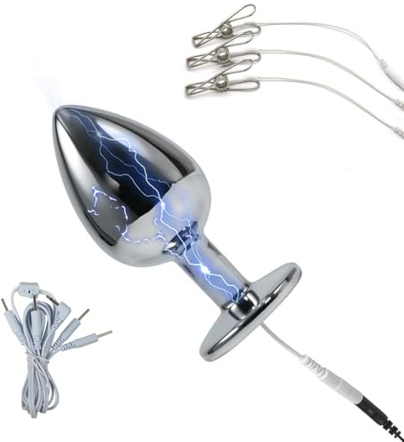 AMAZBEE Masajeador de próstata Electroshock para hombres Plug anal de acero inoxidable con 3 pinzas para pezones para mujeres Plug anal de joyería para dilatación anal (L)