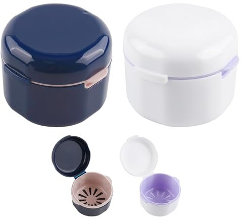 Caja de 2 llaves con colador, almacenamiento de doble capa, para dentaduras, prótesis dentales, almacenamiento de dentaduras postizas para parejas y niños, azul + blanco