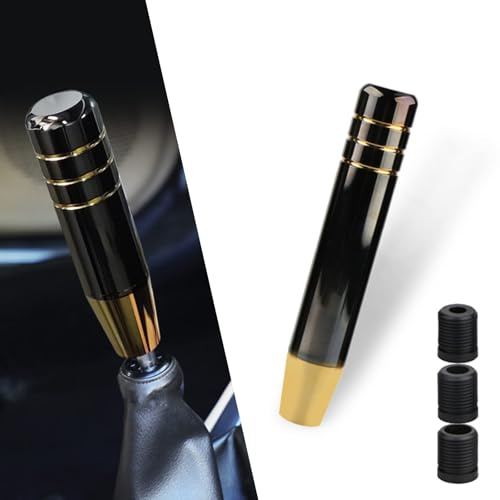 Spunklad 1 PC Polished Aluminum Car Gear Stick Lever Shift Knob, 7 Car Gear Long Handle Weighted Shifter Knob with 3 Threaded Adapters Fit Most Automatic Manual Vehicle (Black Gold)