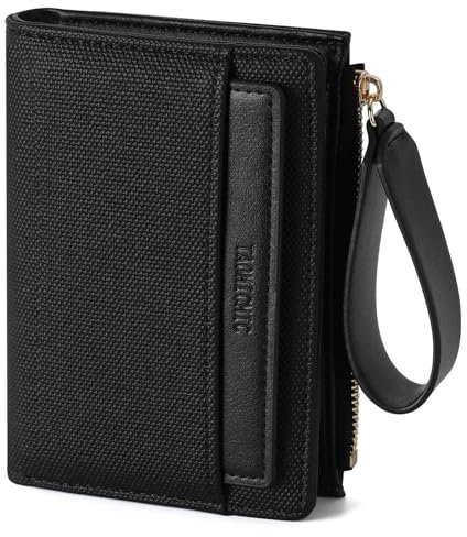 RRANCharltu Geldbörse Damen aus weichem Leder, Portemonnaie Damen klein Geldbeutel klein mit viele Kartenhalter Geldbörse mittelgroß mit Reißverschluss-Armband und Münzfach, Schwarz