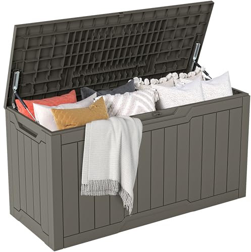 DWVO Auflagenbox Aufbewahrungsbox Garten Kissenbox Gartenbox Outdoor Gartentruhe |Wasserdicht Gasdruckfeder|300 Liter 115x46.8x58cm|Für Sitzauflagen Gartengeräte & Kinderspielzeug|Hellbraun