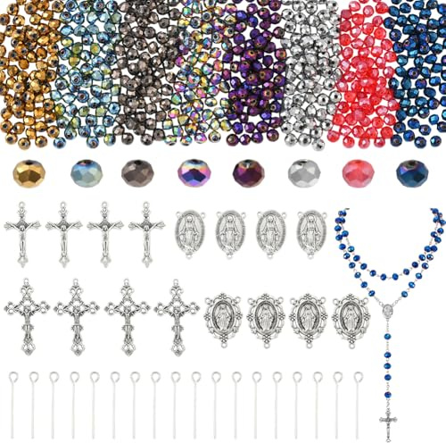 SUNNYCLUE 904 Stück Rosenkranz Bastelset Rosenkranz Anhänger Osterkreuz Anhänger Kronleuchter Komponentenglieder Kruzifix Kreuze Anhänger Glas Abstandshalterperlen Für Schmuckherstellungszubehör DIY H