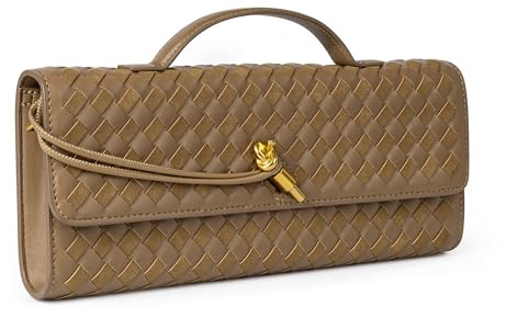 Tone Link. Woven Leather Evening Clutch for Women, Suede Crossbody Bag with Adjustable Strap, Formal Handbag, Acorn