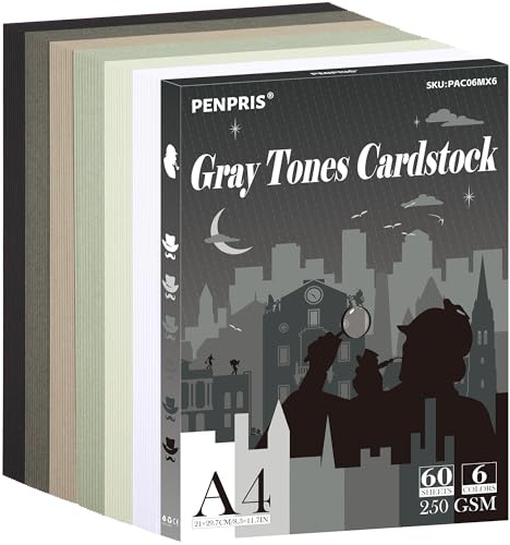 Cartulina de Tonalidades Grises - 60 Hojas, 6 Colores, Grises, Tamaño A4, Papel de 250 g/m²/92 lb de Peso Pesado para Impresora, Fabricación de Tarjetas, Manualidades Bricolaje, Scrapbooking PAC06MX6