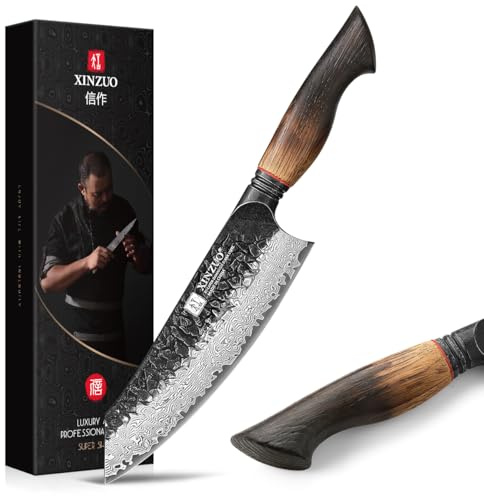 XINZUO 7.6 Inch Damascus Santoku Knife,Hand Forged 67 Layer Damascus Steel High Carbon Sharp Japanese Chef Knife,Ergonomic White Oak + Red G10 Gasket Handle