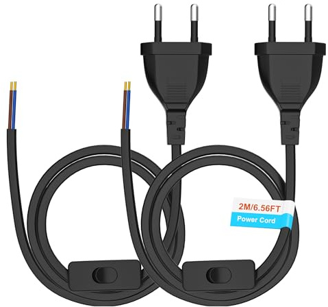 Euro Netzkabel mit Schalter [2 Stück], 2 Meter Euro Stecker Stromkabel, 2 X Ersatzkabel Anschlusskabel mit Schalter Typ C, 2 x 0,75 mm², für Leuchten, Lampen, Leuchtmittel, Schwarz