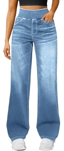 Jeans A Gamba Larga Donne, Vita Alta Gambe Dritte vestibilità Sciolta Jeans Casual Molto Elastici Controllo Pancia Elasticizzati alla Moda con Tasche Adatto per Yoga Fitness E Sport di Tempo Libero