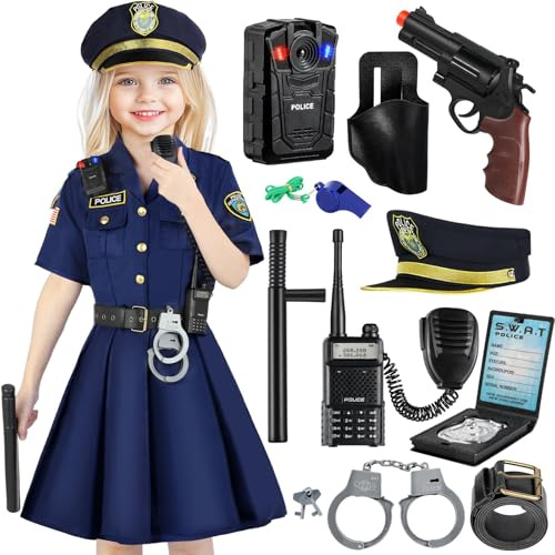 Lubolee Disfraz de Policía para Niñas con Falda de Agente Femenino, Gorra de Policía, Cinturón y Accesorios Policiales-Ideal Disfraz Niña Carnaval, Halloween, Cosplay y Fiestas de Cumpleaños (S)