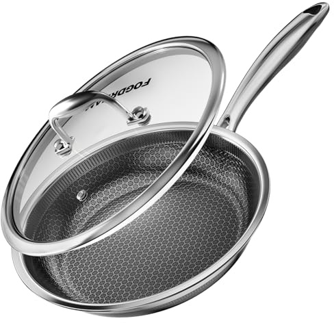 FogDream Non Stick Frying Pans, 10 Inch Stainless Steel Skillet with Tempered Glass Lid Tri-Ply Stainless Steel for All Cooktops, Dishwasher & Oven-Safe Cooking Pan, Stay-Cool Handle, Silver