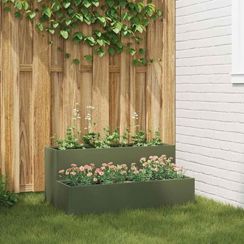 Frdhee Parterre de jardin, parterre de fleurs, planteur de jardin, pot de fleurs de jardin, vert olive, 100 x 60 x 45 cm, en acier, pour jardin d'hiver, balcon, terrasse, centre de jardin