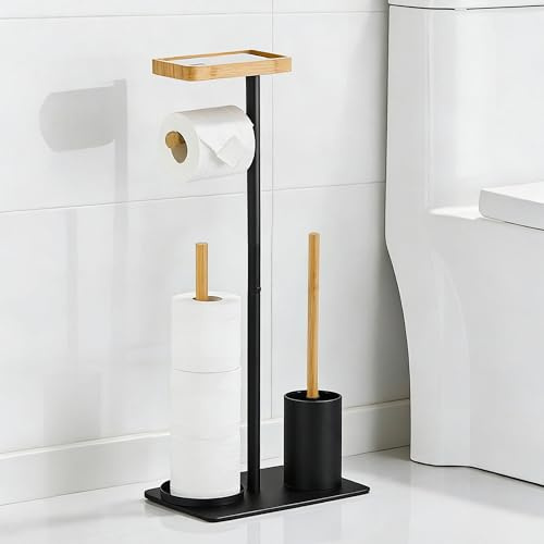 ASKLUND Toilettenpapierhalter Stehend mit Klobürste Klopapierhalter Holz Toilettenpapier Aufbewahrung ohne Bohren WC Bürstengarnitur Für 4 Klorollen Square Ablage (Schwarz Matt)