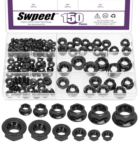 Swpeet 150Pcs 6 tamaños M3 M4 M5 M6 M8 M10 Kit de selección de tuercas de bloqueo hexagonal de tuercas de brida dentadas chapadas en zinc negro, tuercas de bloqueo de brida métrica sujetadores