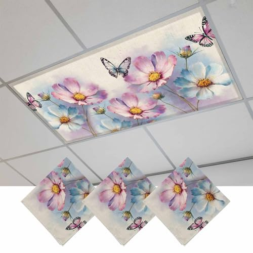 Fluorescent Light Covers, Pink Blue Floral Magnetic Light Covers for Ceiling Lights, Butterflies Retro Oil Painting Fluorescent Ceiling Shade Filters for Classroom Bedroom Office 4x2Ft x 3PCS