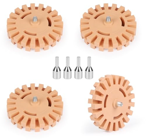 DBREAKS Kit Rueda de Goma para Quitar Adhesivos con Adaptador para Taladro - 4Borrador de Calcomanías Ø 100mm, Disco Removedor para Eliminar Pegamento, Vinilo y Residuos en la Carrocería del Coche | Disco de borrar para eliminar restos de pegamento, compatible con taladro, destornillador inalámbrico, lijadora recta