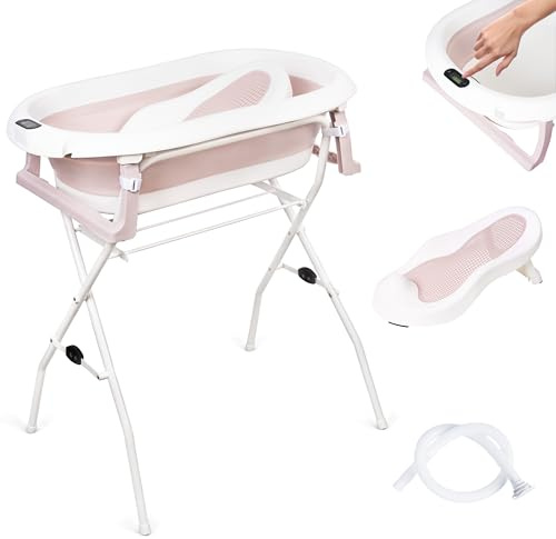 moovkee. Babybadkar med ram 80 cm – rosa babybadkar vikbart med termometer, badstol och avloppssystem – babybadkar med stativ, säkert för ditt nyfödda