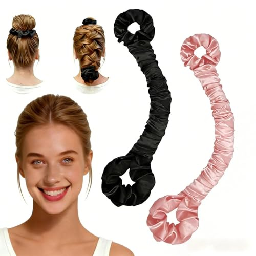 Soft Satin Heatless Curling Ribbon 2-Pack – Long Flexible Dual-Loop Hair Roller for Overnight Waves & Braids, No Heat Curling Rod for Natural Curls, Frizz & Breakage Prevention (Pink And Black)