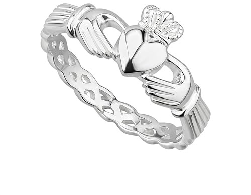Biddy Murphy Made in Ireland Irish Claddagh Ring for Women 925 Sterling Silver with Braided Band, Traditional Friendship Ring, Love, Marriage, Engagement, Size 6