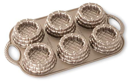 Nordic Ware Shortcake Baskets Cakelet Pan, Mini Basket Cake Mould Tray, Cast Aluminium Cake Tin, Muffin Tray for Spring, Made in The USA Colour: Toffee, 3 Cup Capacity