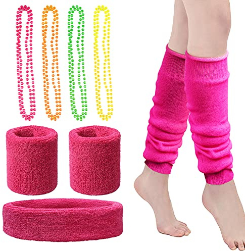 BETESSIN 80er Jahre Outfit Damen Set - inkl. 4x Halsketten, 1 Neon Stirnband, 2x Armbänder und 2x Beinstulpen - Kostüm Accessoires für 1980s Mottoparty, Neon Party, Karneval, Fasching, Fastnacht usw.