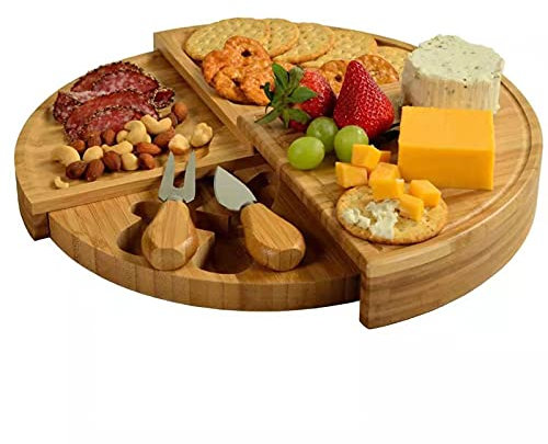 KELUNIS Juego De Tabla De Quesos Redonda - Fuente De Charcutería & Bandeja De Servir - Tabla para Cortar Carne/Queso De 13 Pulgadas Y Juego De Cuchillos para Entretener Y Servir - 3 Cuchillos