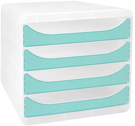 Exacompta 310336D Premium Ablagebox Chromaline mit 4 Schubladen für DIN A4+ Dokumente. Belastbare Schubladenbox mit hoher Kapazität für mehr Platz auf dem Schreibtisch Big Box Kristall|Türkis