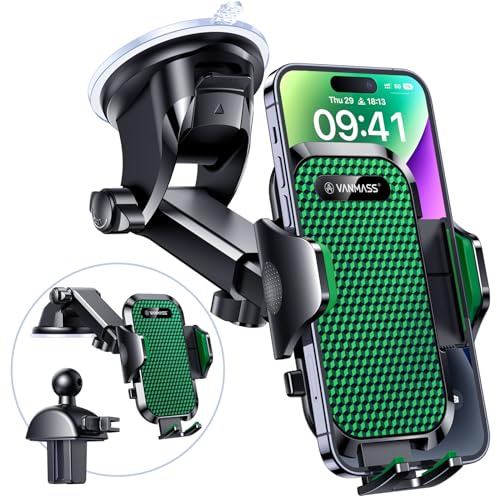 VANMASS Car Phone Holder 2026 BEST【85+lbs Strongest Suction &Vent Clip】True Military-Grade Patent Universal Mobile Vehicle Mount Dashboard Windscreen Van Cradle for 17 Pro Max 16 15 14 Samsung, Green